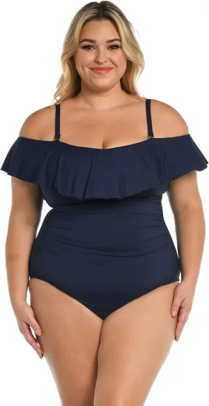 La Blanca Women's One Piece Swimsuit Off Shoulder Ruffle Island Goddess Bathing Suit