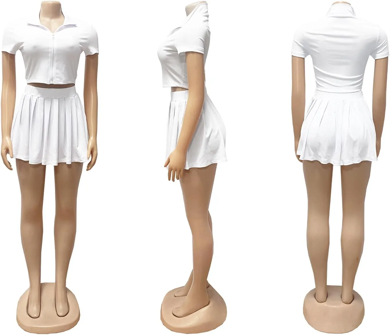 LAJIOJIO Women's Casual 2 Piece Skirt Outfits,Solid Color Short Sleeve Cropped Top and Mini Pleated Skirt Sets
