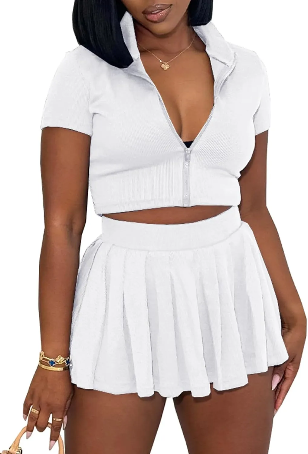 LAJIOJIO Women's Casual 2 Piece Skirt Outfits,Solid Color Short Sleeve Cropped Top and Mini Pleated Skirt Sets