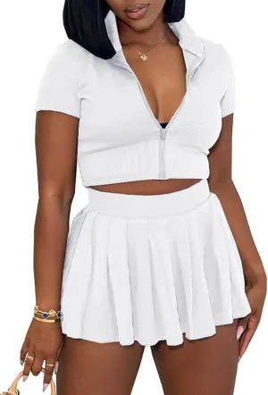 LAJIOJIO Women's Casual 2 Piece Skirt Outfits,Solid Color Short Sleeve Cropped Top and Mini Pleated Skirt Sets