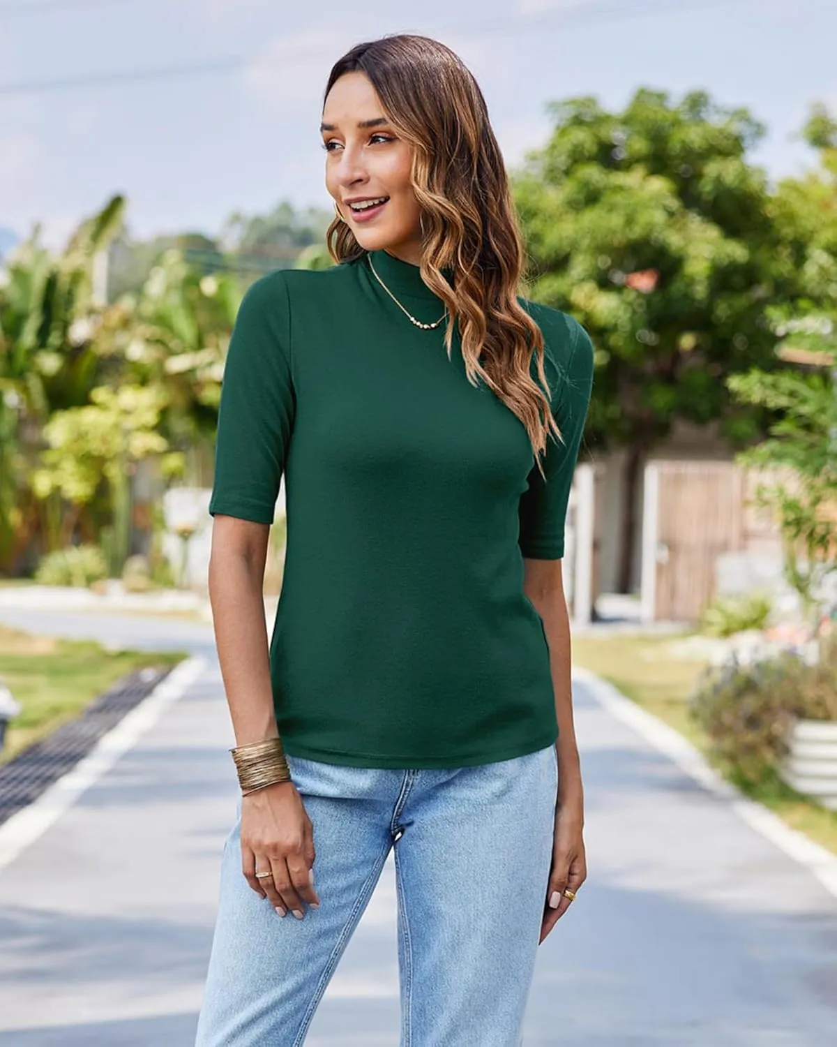LaLaLa Womens Half Sleeve Mock Turtleneck Tunic Tops Dressy Casual Spring T Shirts Slim Fit Basic Tops