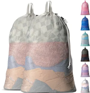 Large Mesh Laundry Bag - 2-PACK - Carry Handles, Secure Drawstring Closure, Machine Washable, Spacious Storage, Durable Soft Mesh Net Material, College Dorm, Camp, Laundromat. (Grey)