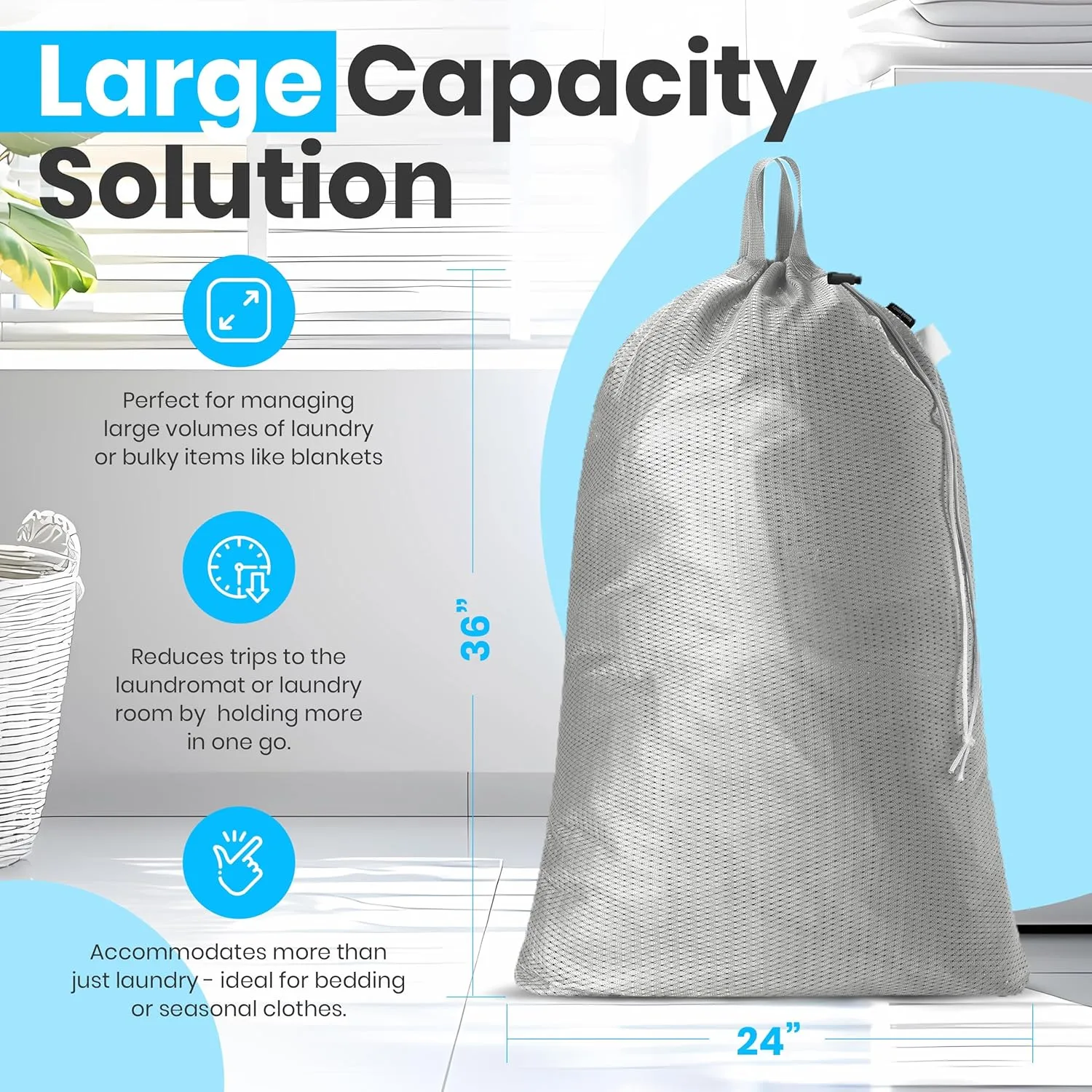 Large Mesh Laundry Bag - 2-PACK - Carry Handles, Secure Drawstring Closure, Machine Washable, Spacious Storage, Durable Soft Mesh Net Material, College Dorm, Camp, Laundromat. (Grey)