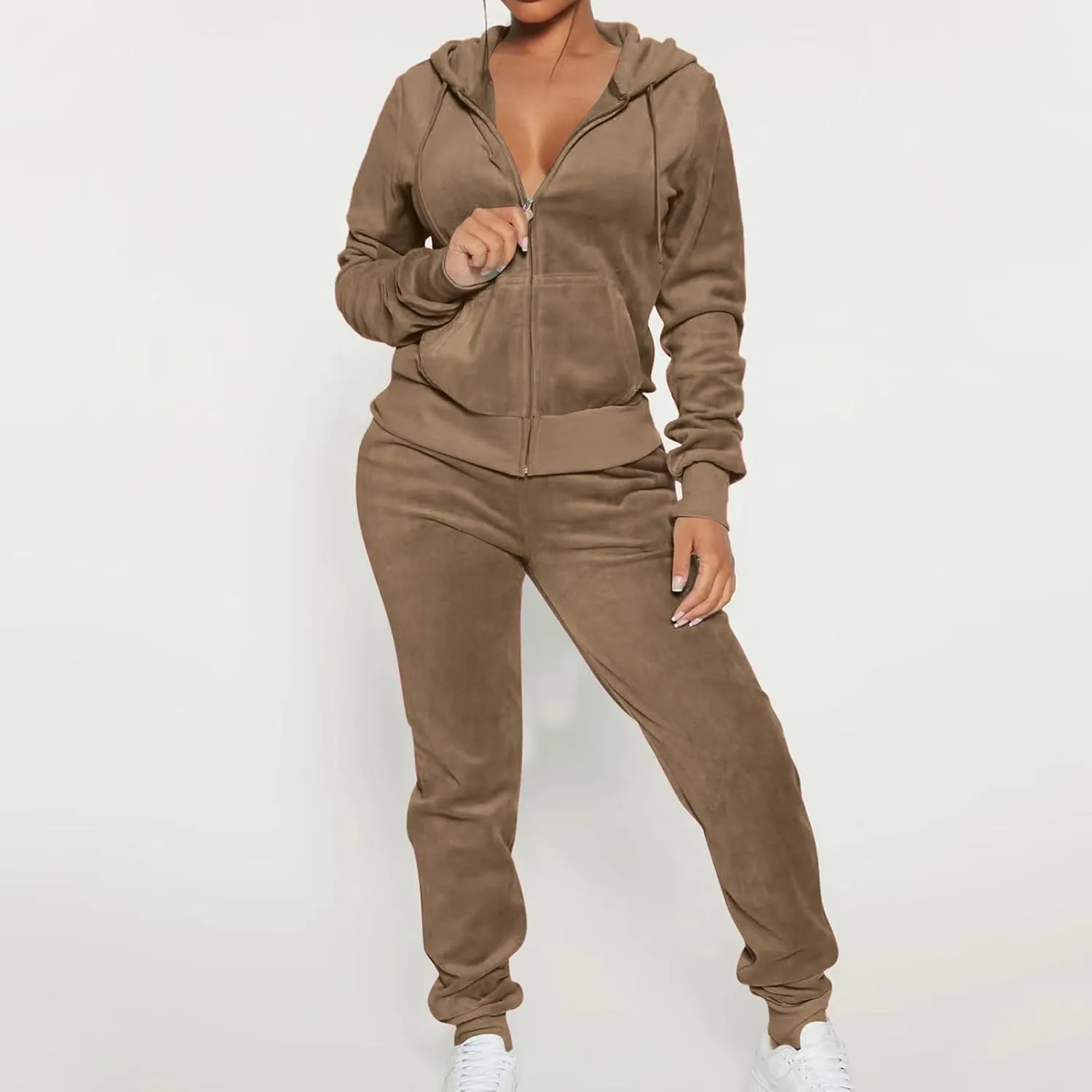Lastesso Velour Tracksuit Womens Solid Color 2 Piece Tracksuit Zip Up Long Sleeve Tops Long Sweatpants Outfits Lounge Sets