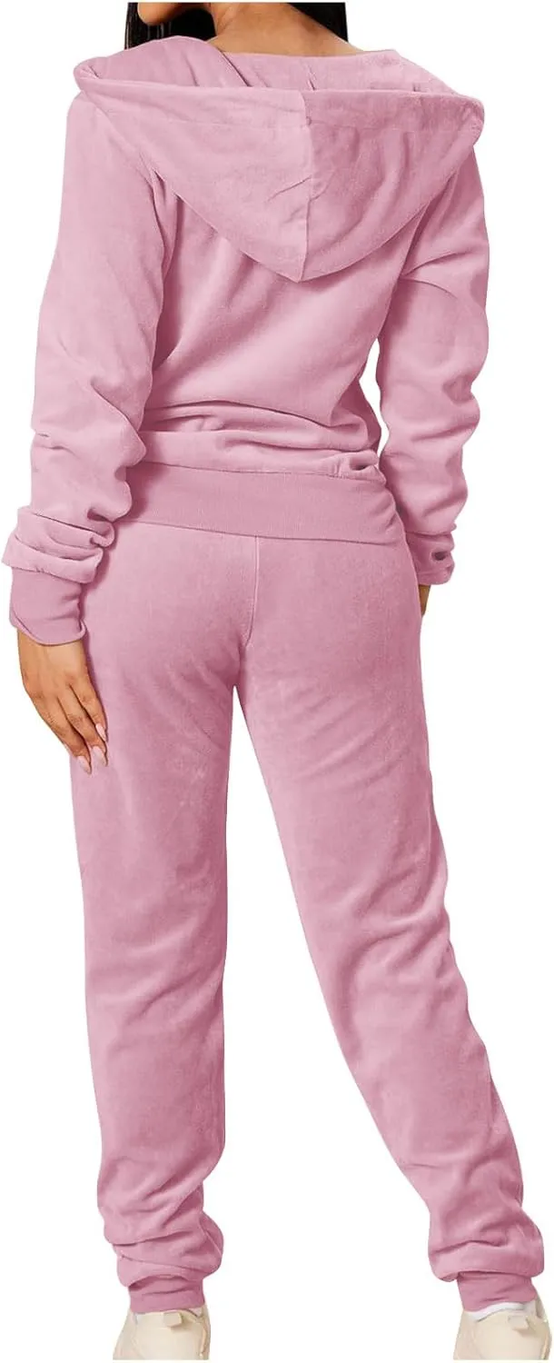 Lastesso Velour Tracksuit Womens Solid Color 2 Piece Tracksuit Zip Up Long Sleeve Tops Long Sweatpants Outfits Lounge Sets