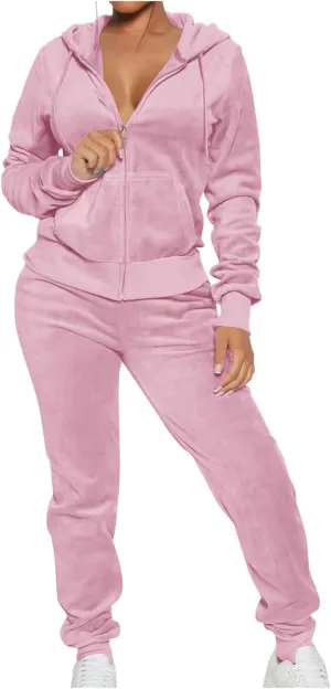 Lastesso Velour Tracksuit Womens Solid Color 2 Piece Tracksuit Zip Up Long Sleeve Tops Long Sweatpants Outfits Lounge Sets