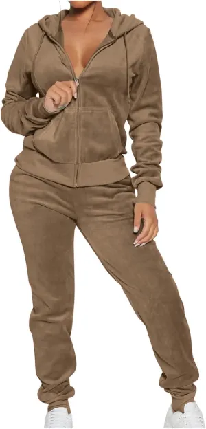 Lastesso Velour Tracksuit Womens Solid Color 2 Piece Tracksuit Zip Up Long Sleeve Tops Long Sweatpants Outfits Lounge Sets