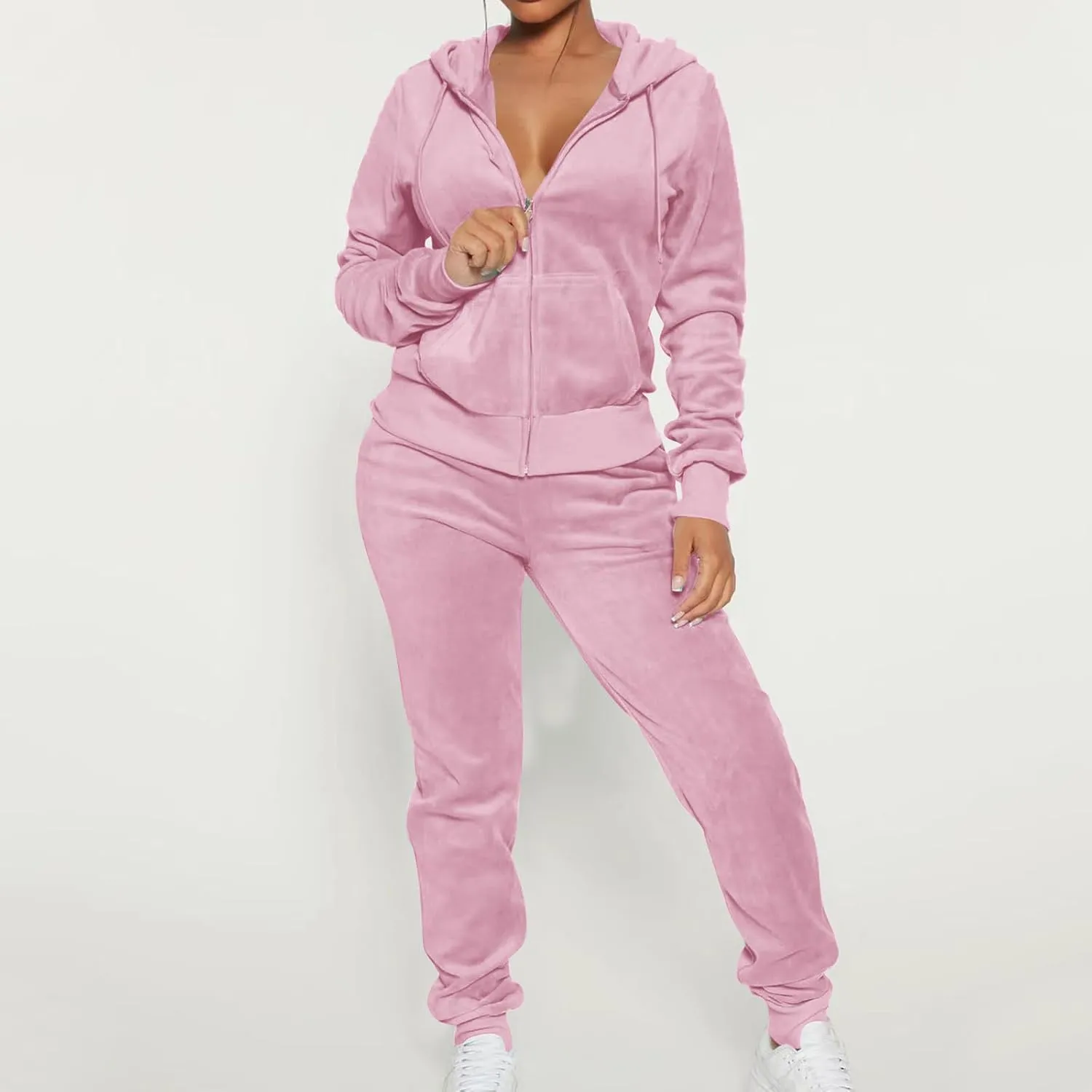 Lastesso Velour Tracksuit Womens Solid Color 2 Piece Tracksuit Zip Up Long Sleeve Tops Long Sweatpants Outfits Lounge Sets