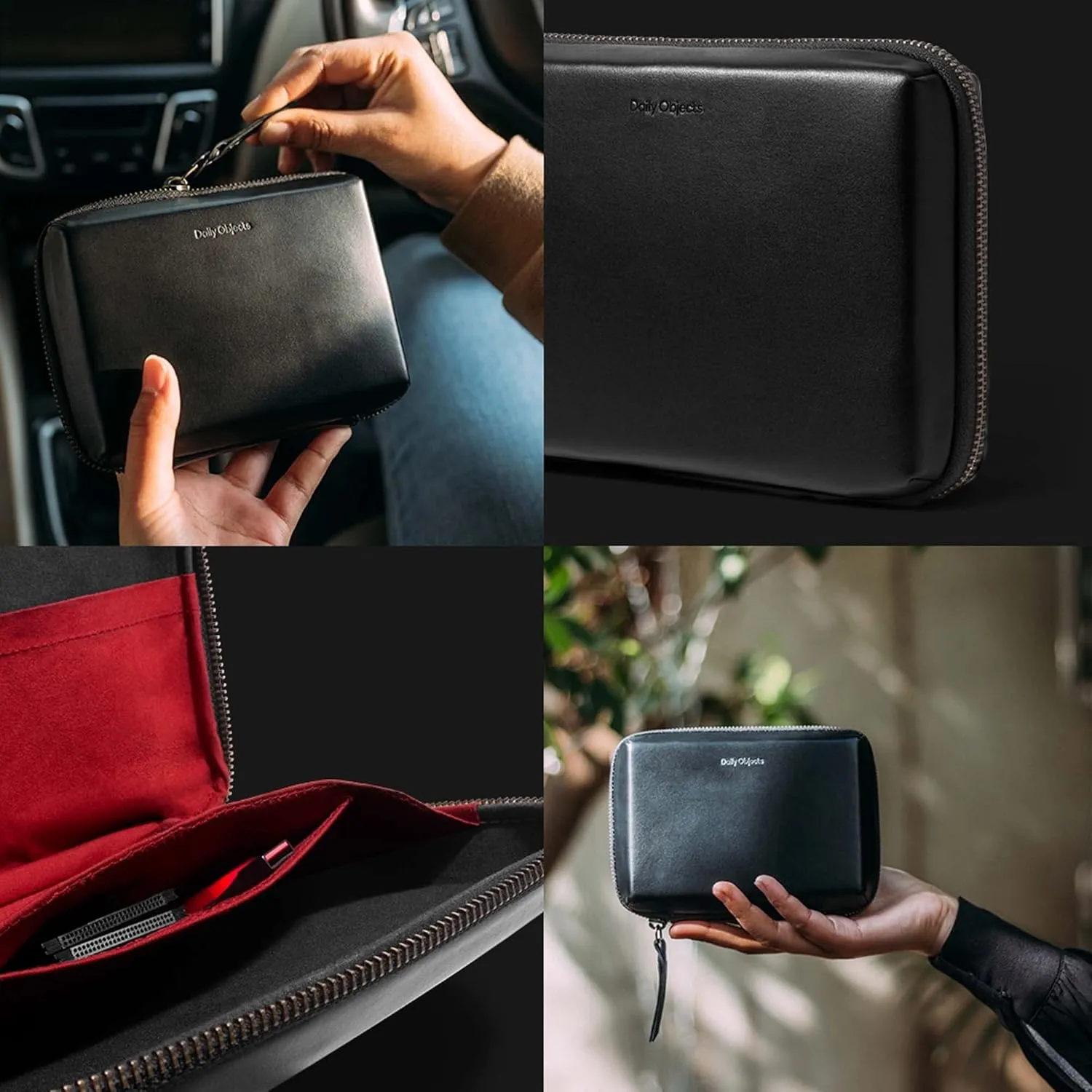 Leather Large Travel Digital Accessories Storage Bag, Portable Gadget Organizer Case, Zippered Tech Kit Organizer Pouch - Black