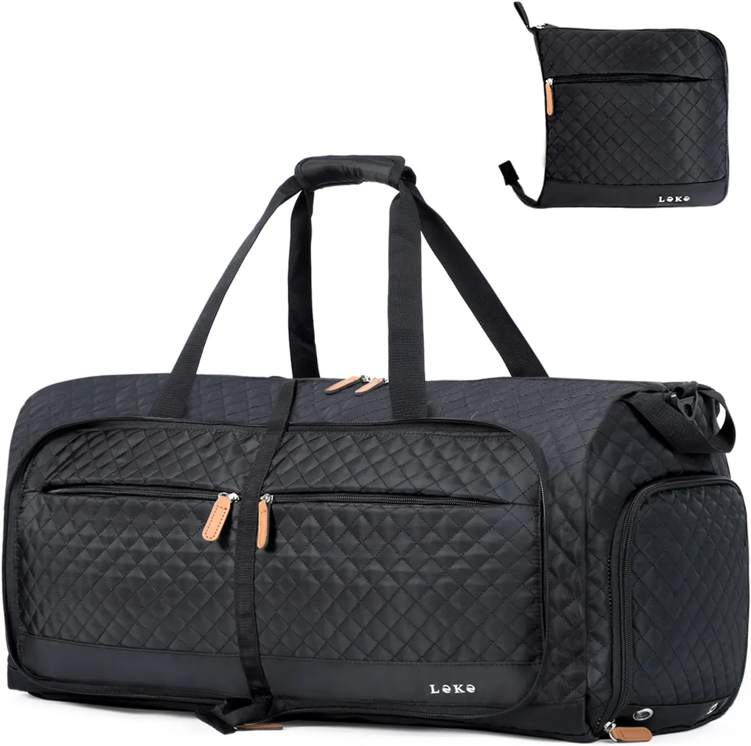 Lekesky Foldable Travel Duffel Bag for Women, 80L Large Duffle Bag with Separate Shoes Compartments & Straps, Carry On Weekend Bag for Women, Hospital, Overnight(Black Quilted)