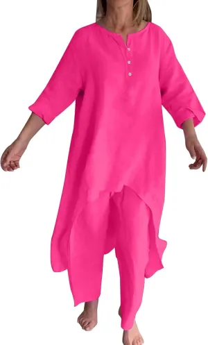 Linen Lounge Sets for Women White Linen Pants Set Women Short Pink Outfits White for 2 Piece Outfits Casual Summer Pants 2 Piece Plus Size Short Sleeve Travel 3
