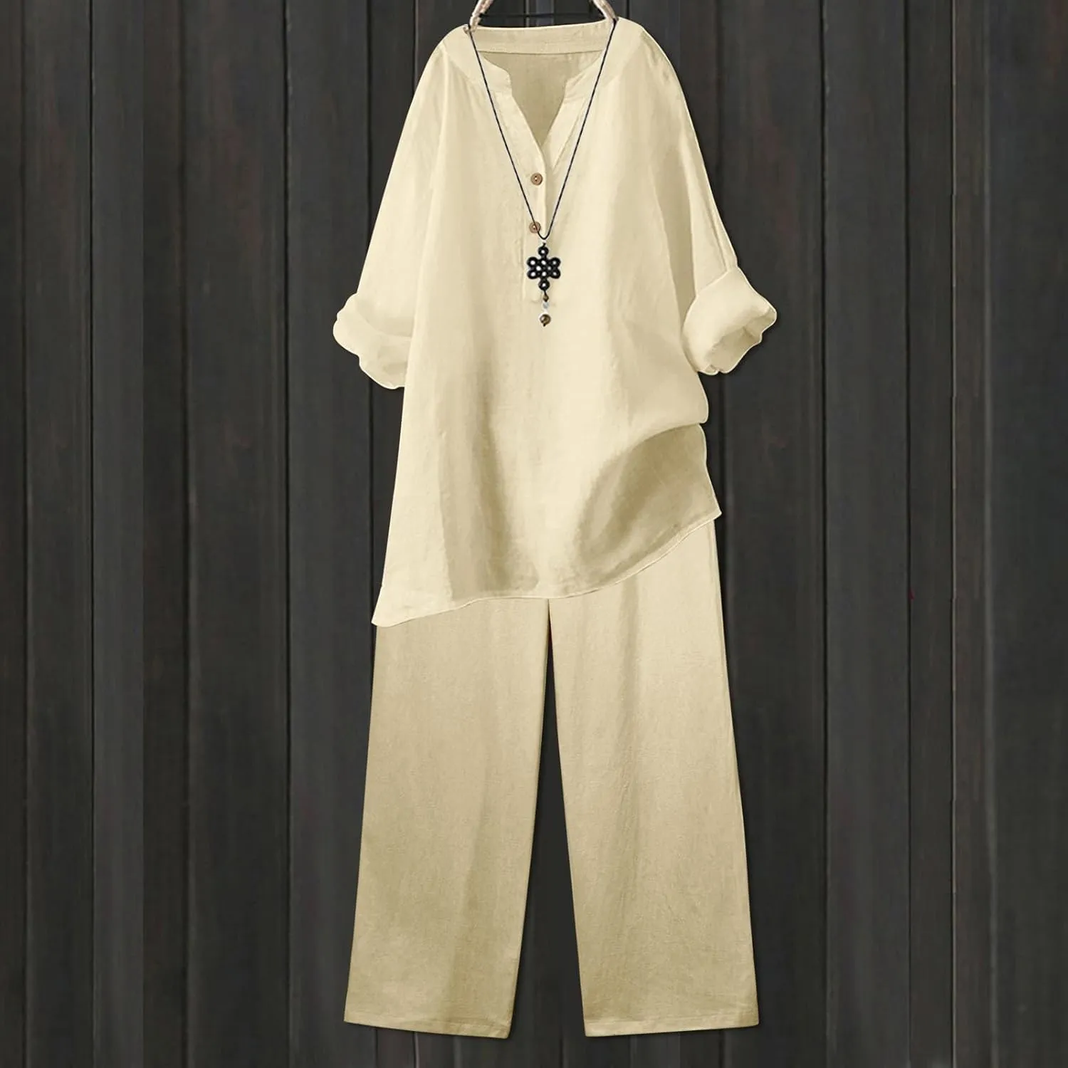 Linen Set For Women 2 Piece Summer Outfits Plus Size Long Sleeve Graphic Button Tees Capri Pants Lounge Matching Sets