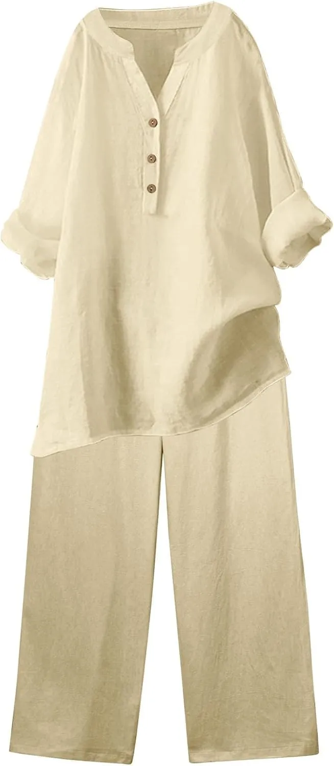 Linen Set For Women 2 Piece Summer Outfits Plus Size Long Sleeve Graphic Button Tees Capri Pants Lounge Matching Sets