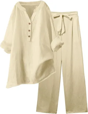 Linen Set For Women 2 Piece Summer Outfits Plus Size Long Sleeve Graphic Button Tees Capri Pants Lounge Matching Sets