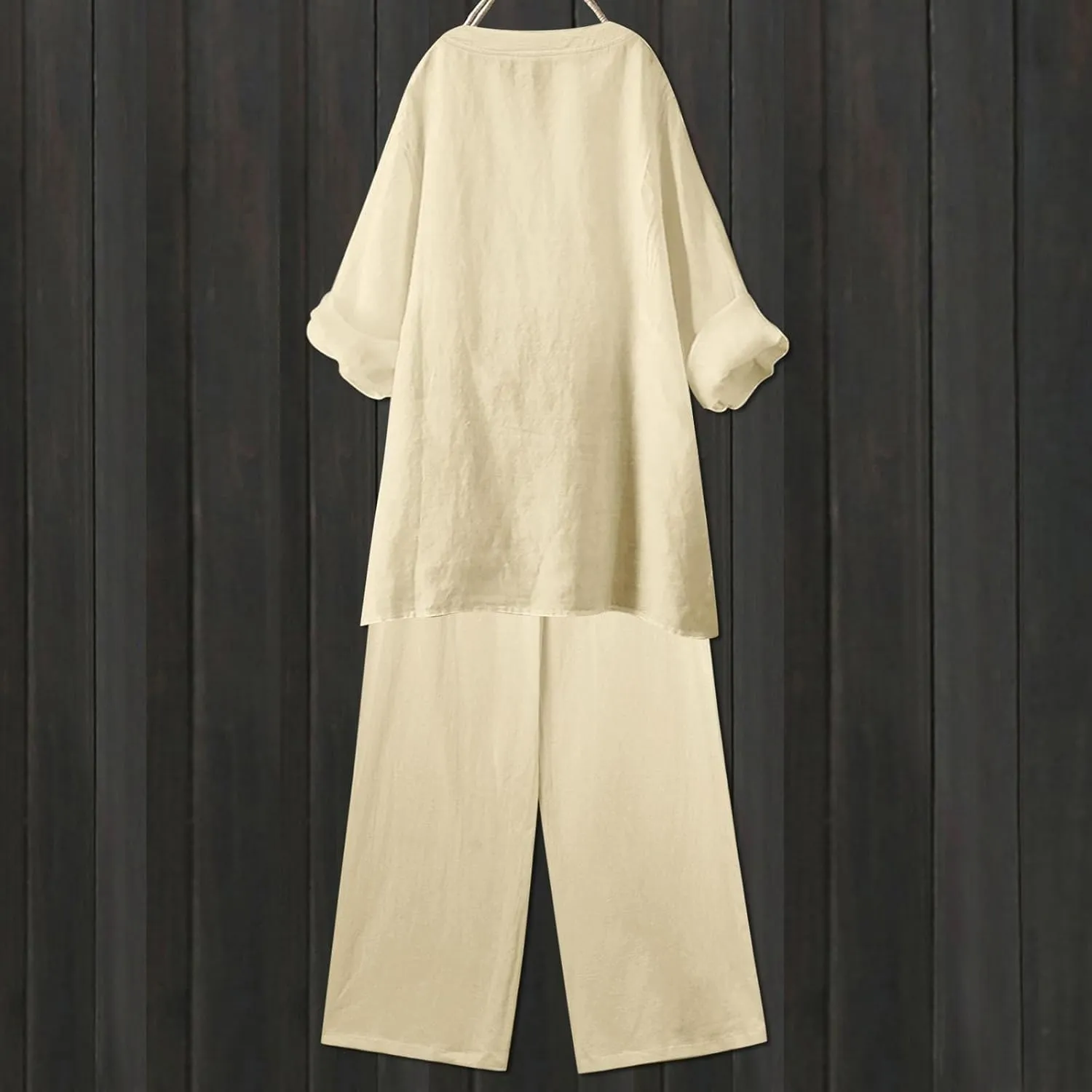 Linen Set For Women 2 Piece Summer Outfits Plus Size Long Sleeve Graphic Button Tees Capri Pants Lounge Matching Sets
