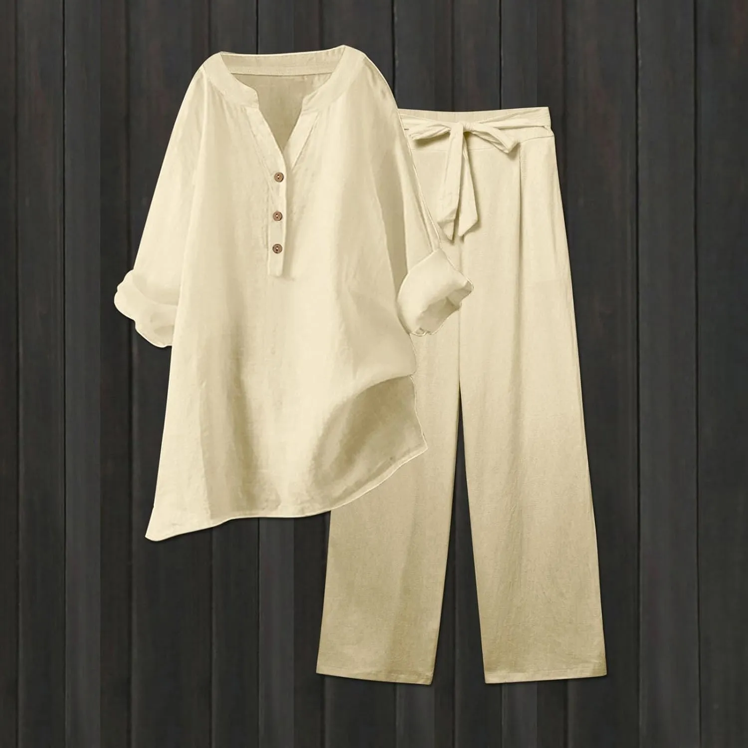 Linen Set For Women 2 Piece Summer Outfits Plus Size Long Sleeve Graphic Button Tees Capri Pants Lounge Matching Sets