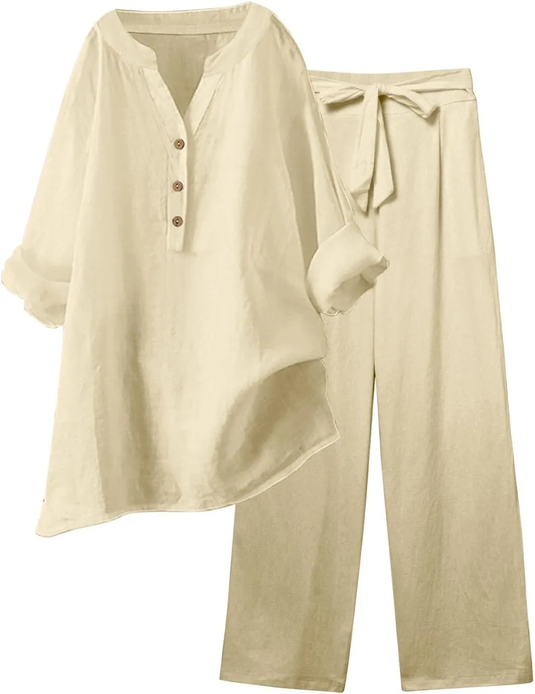 Linen Set For Women 2 Piece Summer Outfits Plus Size Long Sleeve Graphic Button Tees Capri Pants Lounge Matching Sets
