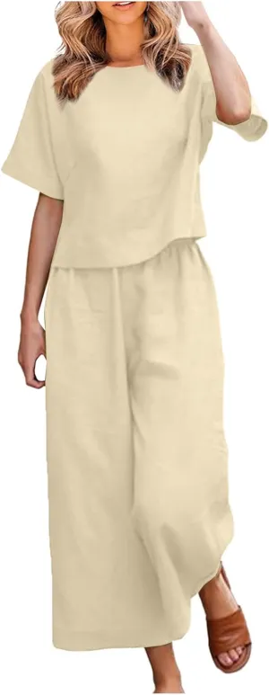Linen Set for Women Summer 2 Piece Outfits Short Sleeve Shirt and Pants Set Wide Leg Lounge Set with Pockets