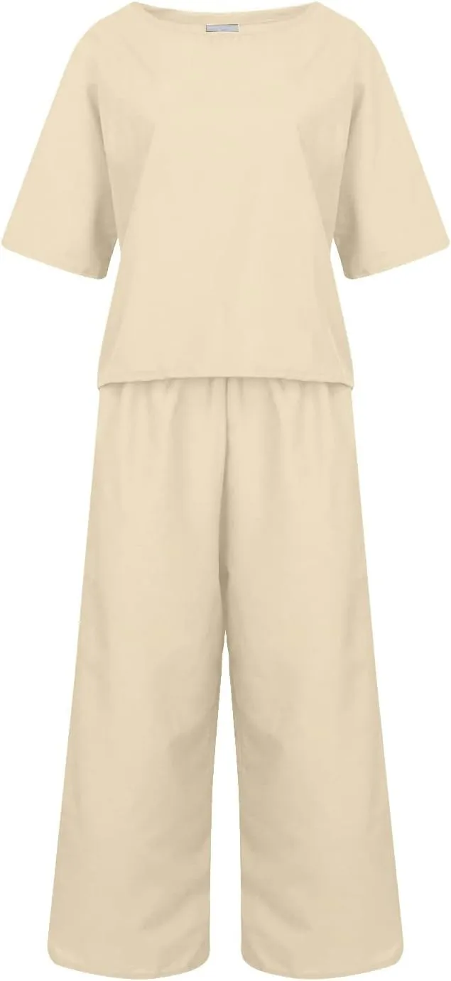 Linen Set for Women Summer 2 Piece Outfits Short Sleeve Shirt and Pants Set Wide Leg Lounge Set with Pockets