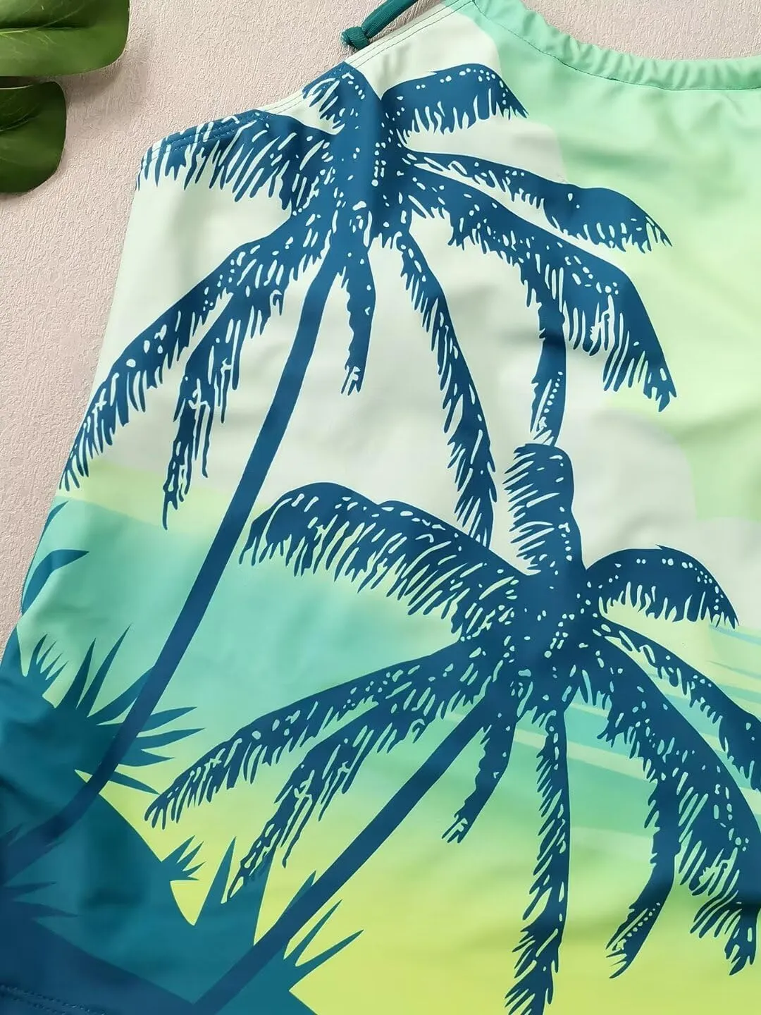 Live Simple Coconut Tree Halter Neck Tankini Set for Women Drawstring Side Swimsuit Summer Beach Two Piece Bikini Set