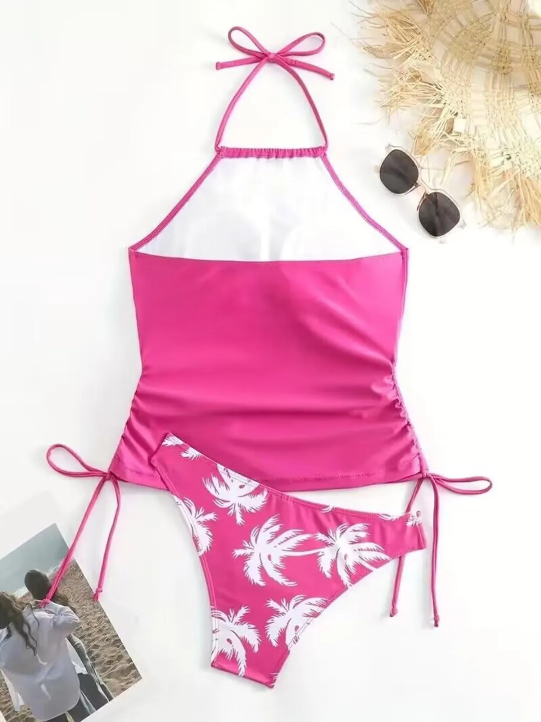 Live Simple Coconut Tree Halter Neck Tankini Set for Women Drawstring Side Swimsuit Summer Beach Two Piece Bikini Set
