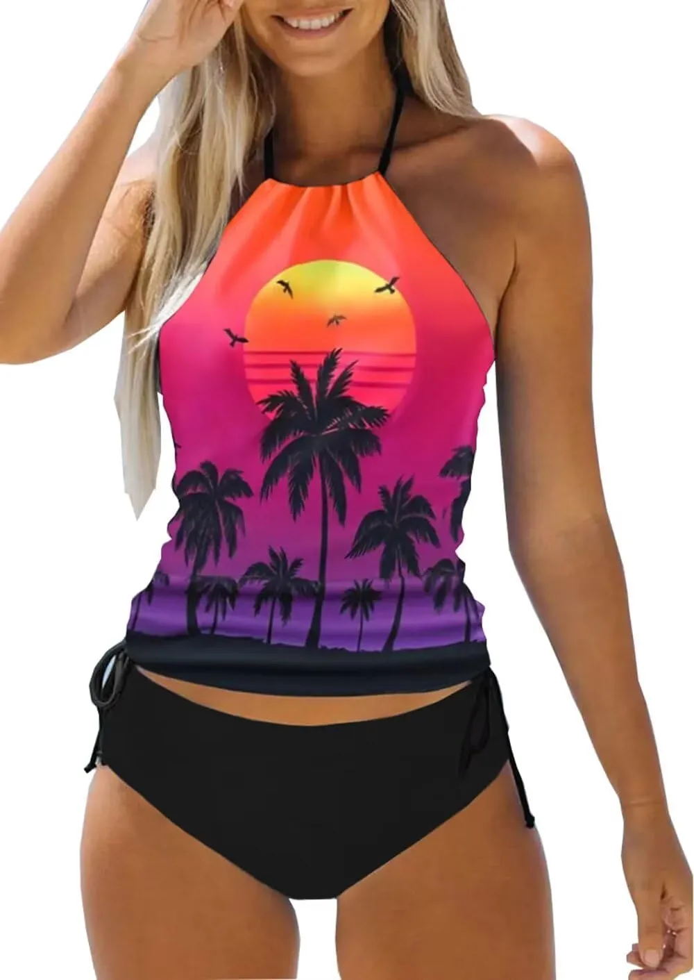 Live Simple Coconut Tree Halter Neck Tankini Set for Women Drawstring Side Swimsuit Summer Beach Two Piece Bikini Set