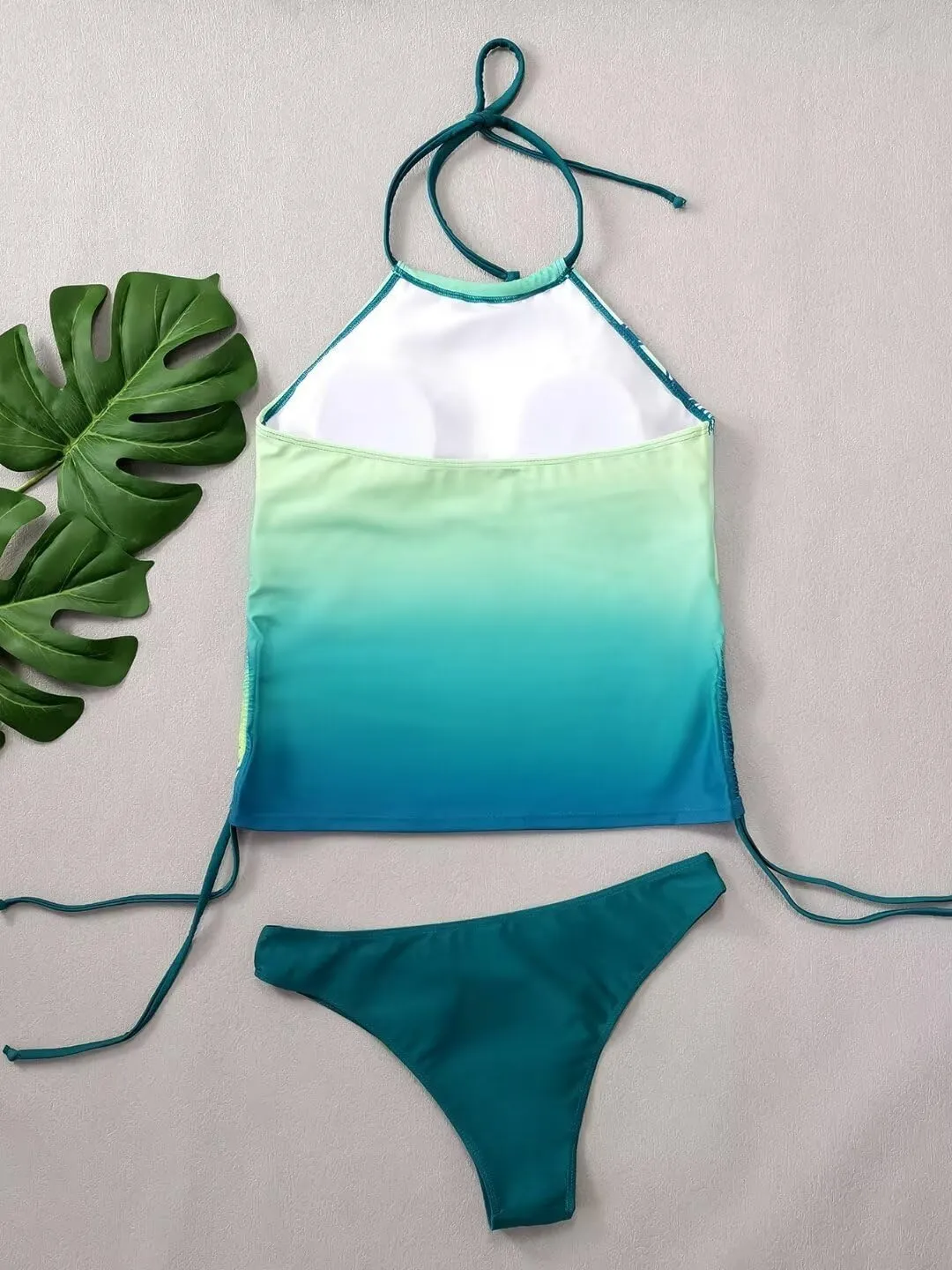 Live Simple Coconut Tree Halter Neck Tankini Set for Women Drawstring Side Swimsuit Summer Beach Two Piece Bikini Set