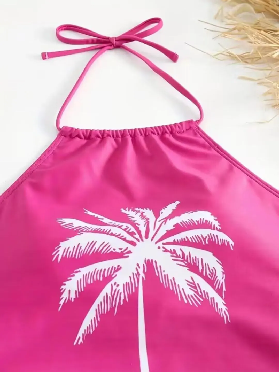 Live Simple Coconut Tree Halter Neck Tankini Set for Women Drawstring Side Swimsuit Summer Beach Two Piece Bikini Set