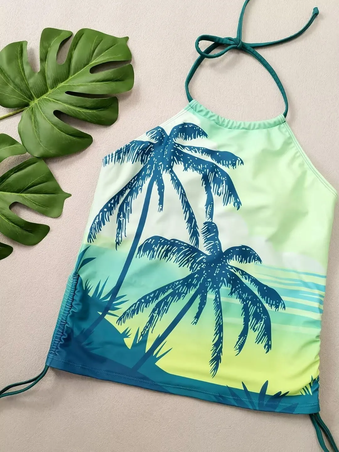 Live Simple Coconut Tree Halter Neck Tankini Set for Women Drawstring Side Swimsuit Summer Beach Two Piece Bikini Set