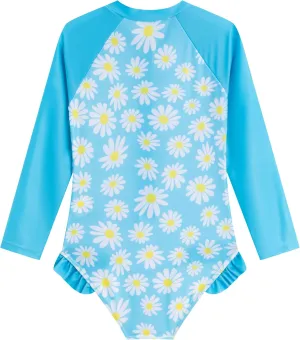 LIZENS Girls' One-Piece Swimwear Rash Guard Swimsuit Zipper Bathing Suits Long Sleeve Ruffle Girl Full Cover Flower Print