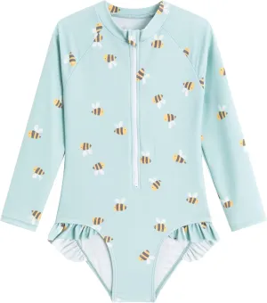 LIZENS Girls' One-Piece Swimwear Rash Guard Swimsuit Zipper Bathing Suits Long Sleeve Ruffle Girl Full Cover Flower Print