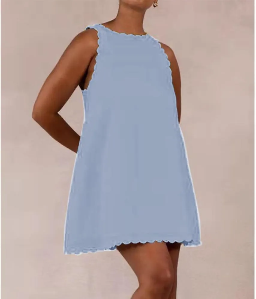 LOAIHA Linen Tank Tops for Women Summer Mini Sundress Loose Fit Sleeveless Tunic Tops Plus Size Stylish Lace Hem Tunic Dress