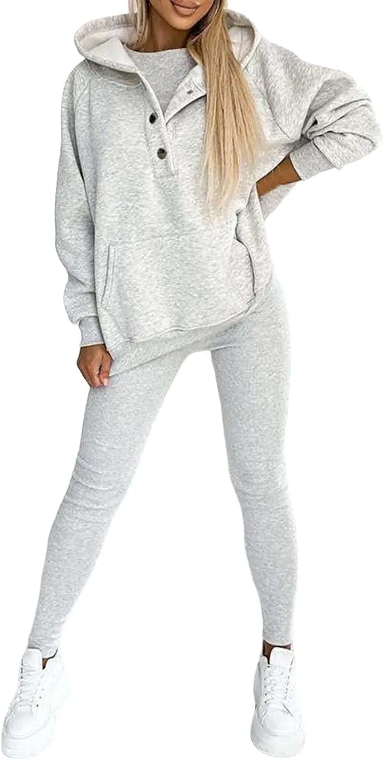 Lounge Sets for Women - 2 Piece Button Thick Outfits Sweatsuit Hoodies with Pants Fall Jogging Track Suits for Women