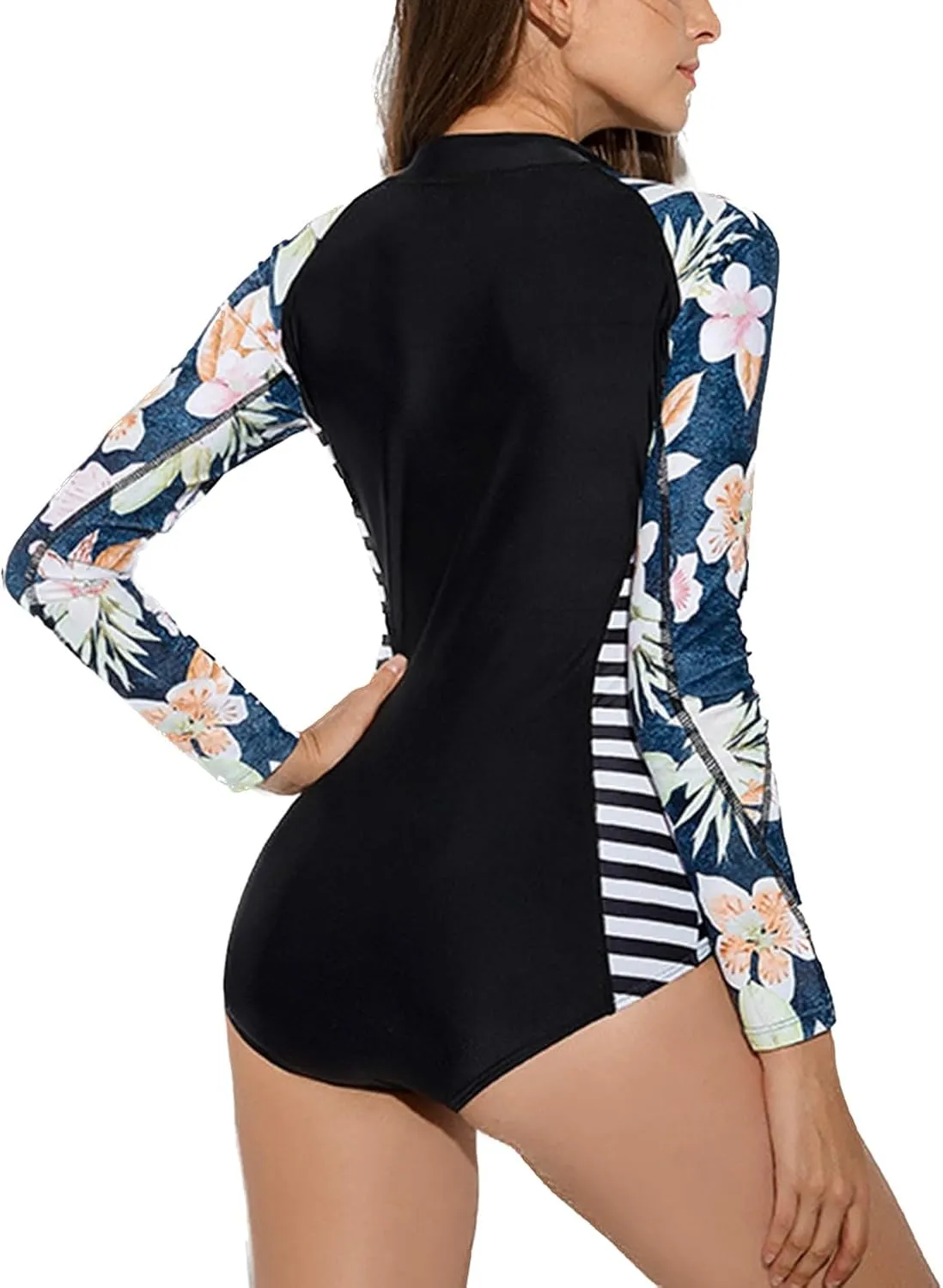 Lu's Chic Women's Rash Guard Zip Wetsuit Long Torso Swimsuit Surf Swimwear One Piece Sleeveless