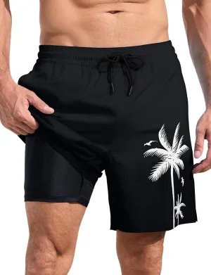 Lzzidou Men Swim Trunks with Compresssion Liner 7 Inch Inseam Board Shorts Bathing Suit with Zipper Pockets