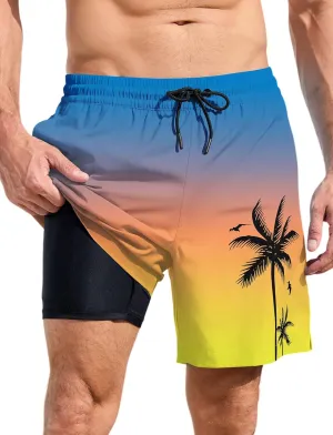 Lzzidou Men Swim Trunks with Compresssion Liner 7 Inch Inseam Board Shorts Bathing Suit with Zipper Pockets