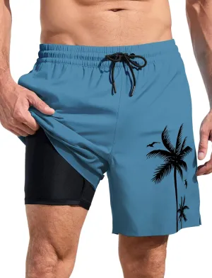 Lzzidou Men Swim Trunks with Compresssion Liner 7 Inch Inseam Board Shorts Bathing Suit with Zipper Pockets