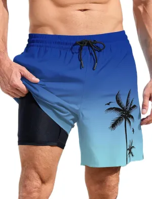 Lzzidou Men Swim Trunks with Compresssion Liner 7 Inch Inseam Board Shorts Bathing Suit with Zipper Pockets