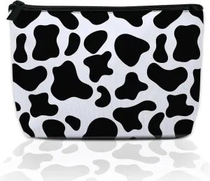 Makeup Bag Black White Cowhide Cosmetic Bag for Women, Waterproof Large Capacity Travel Toiletry Organizer 9.55.9 Inch
