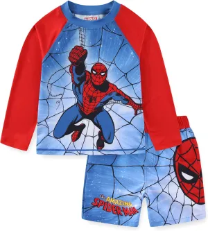 Marvel Spider-Man Boys UPF 50  Rash Guard and Swim Trunks for Toddler and Big Kids