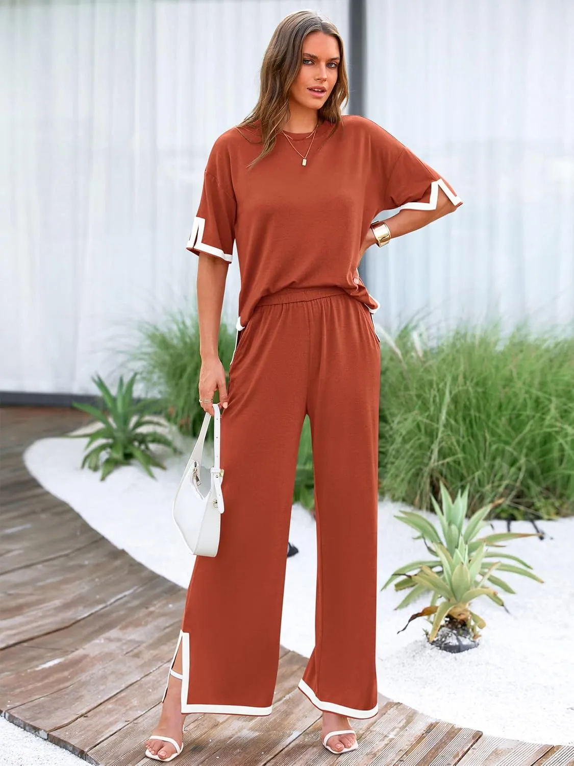 MASCOMODA Womens Summer 2 Piece Outfits Crewneck Short Sleeve Tops Wide Leg Long Pants Travel Matching Lounge Sets Tracksuit
