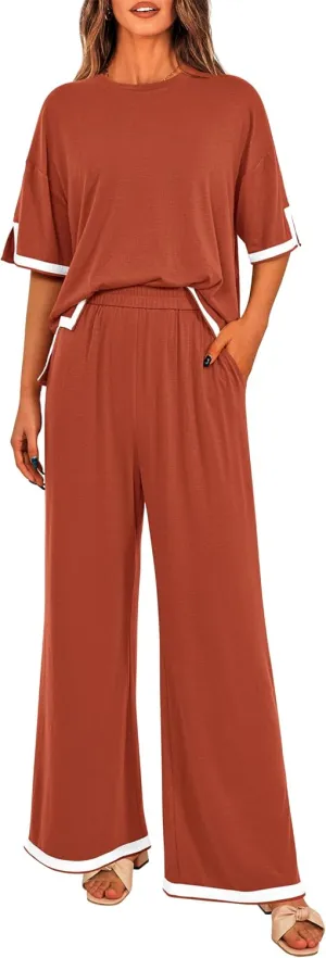 MASCOMODA Womens Summer 2 Piece Outfits Crewneck Short Sleeve Tops Wide Leg Long Pants Travel Matching Lounge Sets Tracksuit