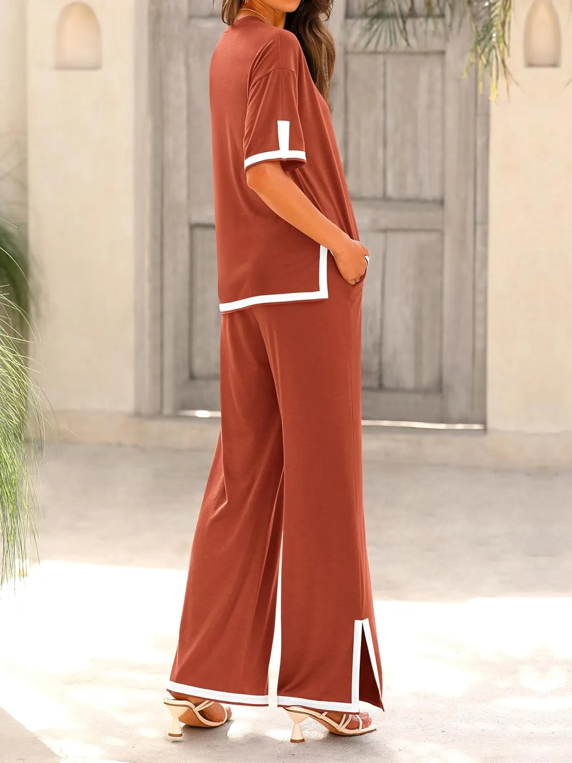 MASCOMODA Womens Summer 2 Piece Outfits Crewneck Short Sleeve Tops Wide Leg Long Pants Travel Matching Lounge Sets Tracksuit