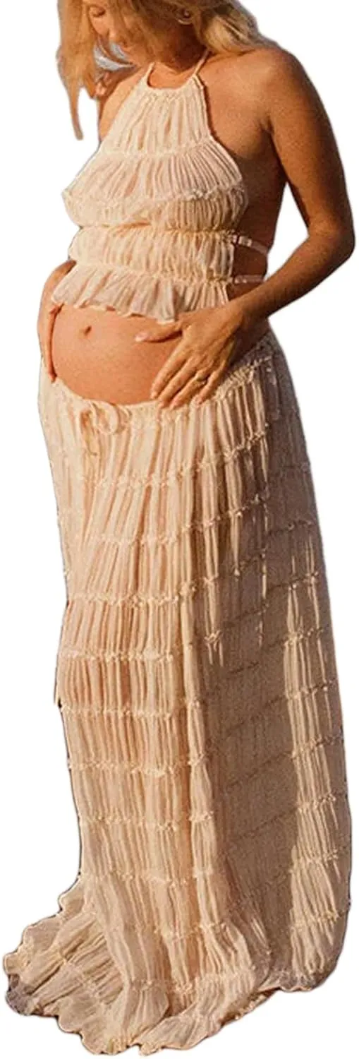 Maternity 2 Piece Maxi Skirt Sets Summer Backless Halter Tank Crop Top Long Skirt Going Out Photoshoot Beach Outfits