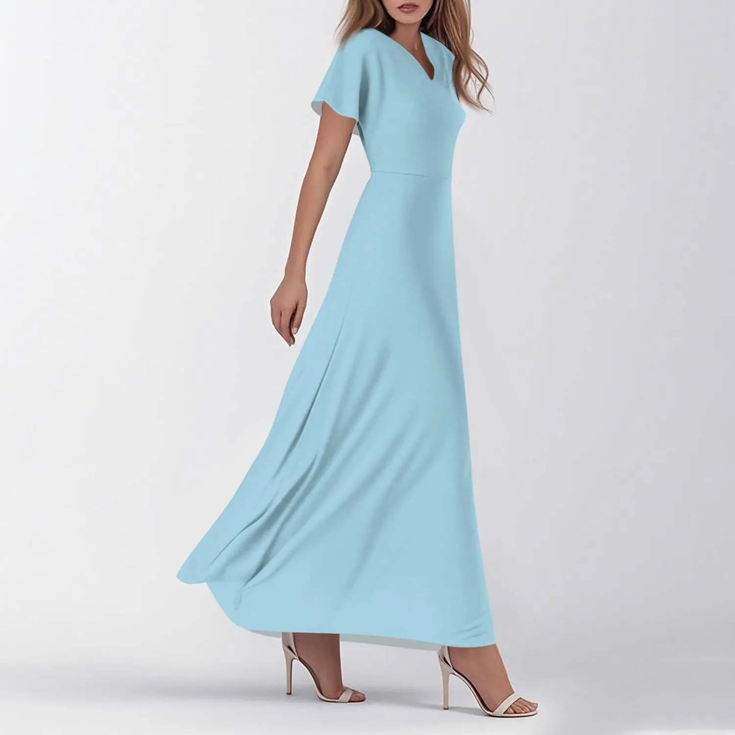 Maxi Dresses for Women 2025 V Neck Short Sleeve Dress Empire Waist Boho Summer Sundress