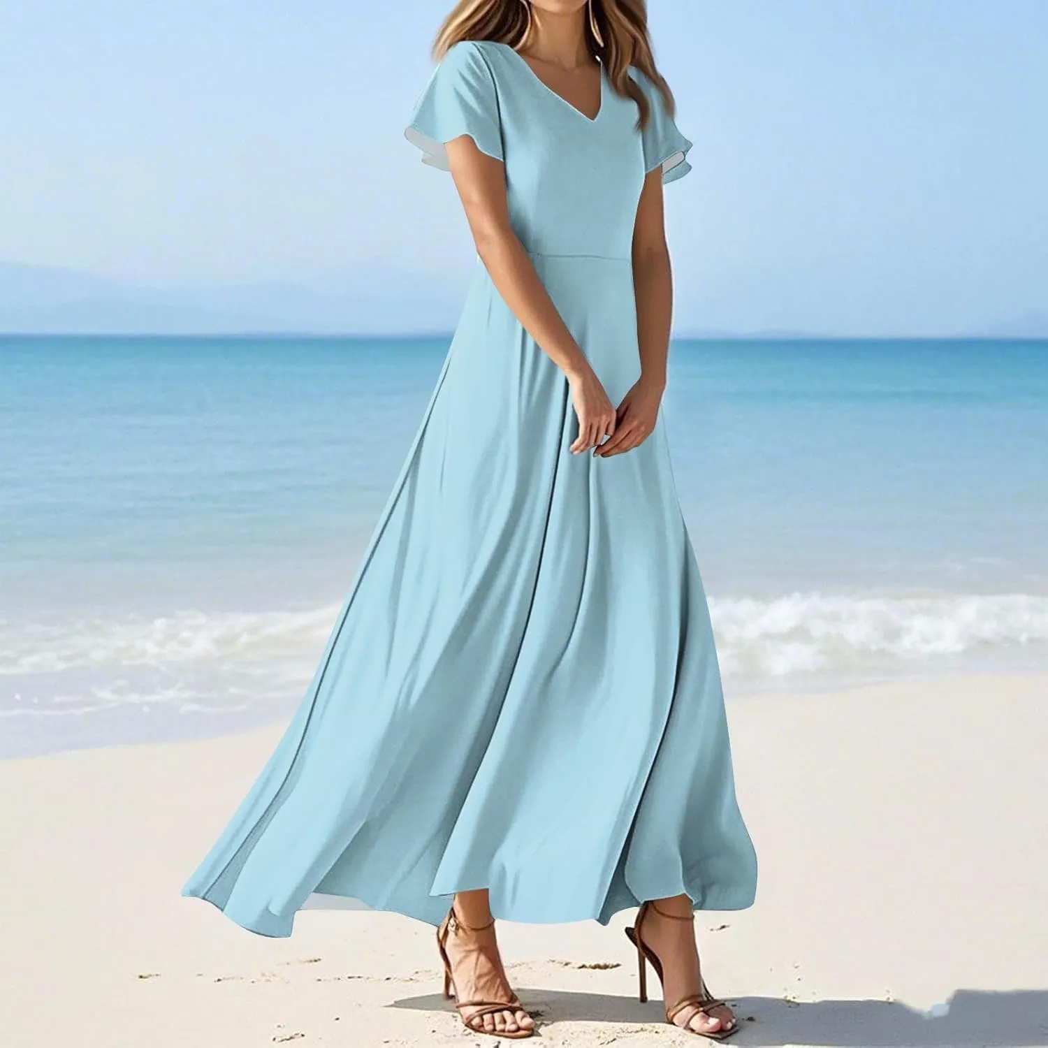 Maxi Dresses for Women 2025 V Neck Short Sleeve Dress Empire Waist Boho Summer Sundress
