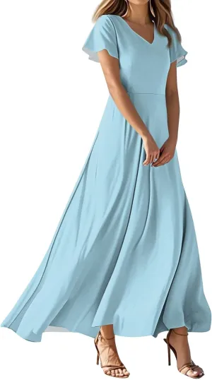 Maxi Dresses for Women 2025 V Neck Short Sleeve Dress Empire Waist Boho Summer Sundress