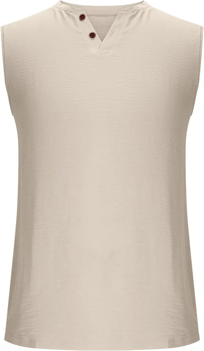 Men Casual Tanks V Neck Button Sleeveless Henley Shirts Basic Solid Color Tank Tops Summer Beach Vacation Muscle Vests
