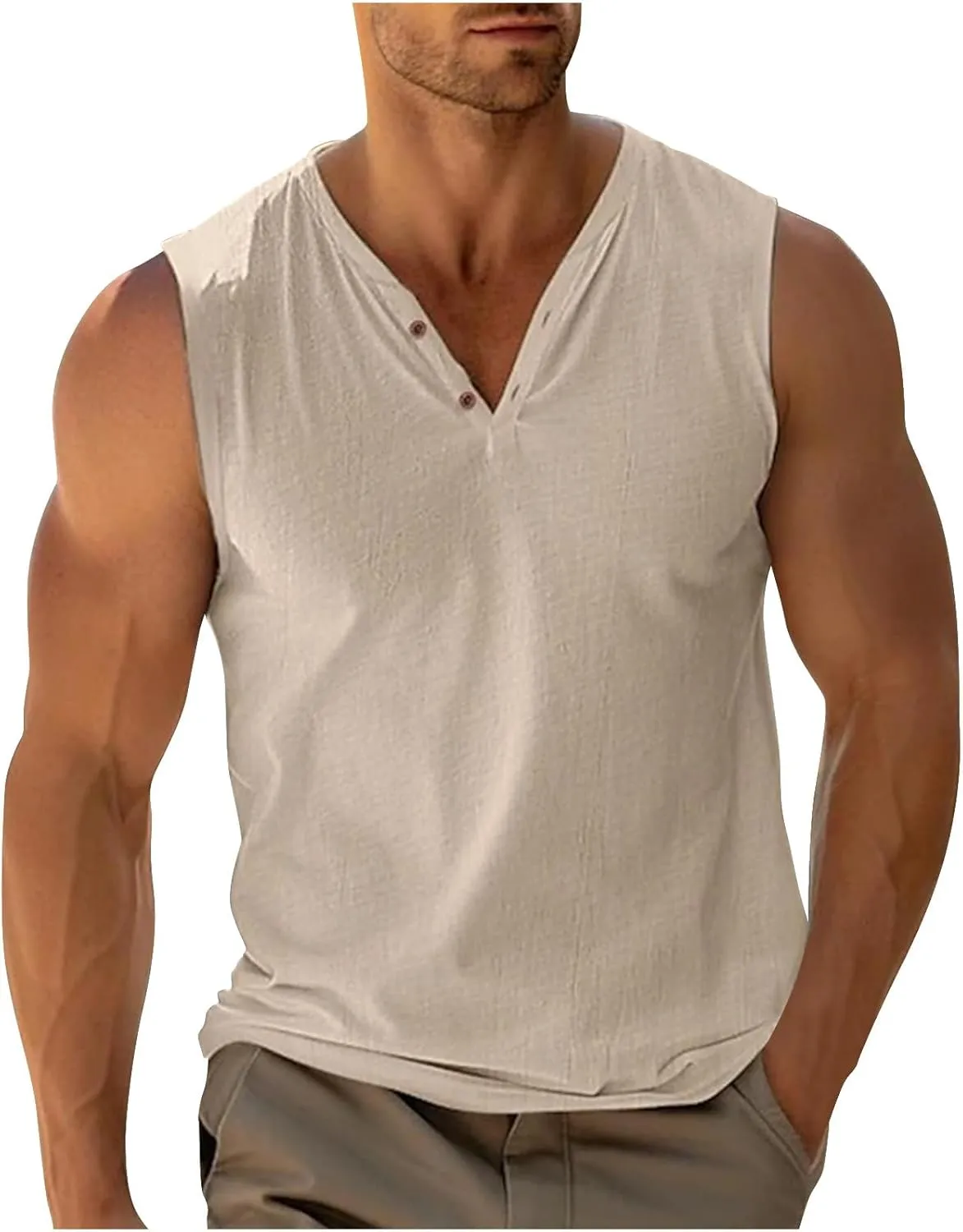Men Casual Tanks V Neck Button Sleeveless Henley Shirts Basic Solid Color Tank Tops Summer Beach Vacation Muscle Vests