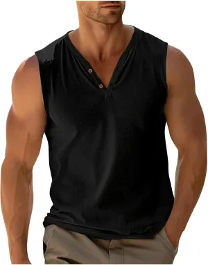 Men Casual Tanks V Neck Button Sleeveless Henley Shirts Basic Solid Color Tank Tops Summer Beach Vacation Muscle Vests